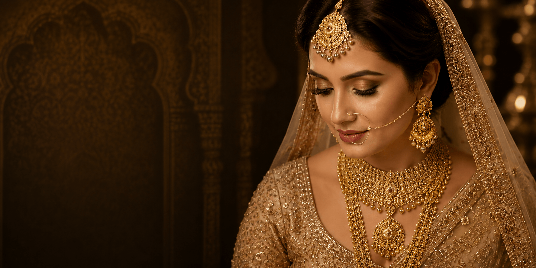 Bridal jewellery set — ornate gold necklace and earrings for weddings